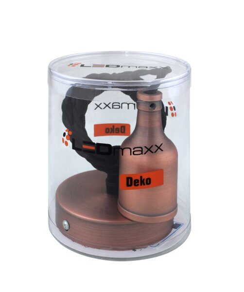 Deko Set Textilkabel schwarz gedreht mit Metall-Lampenfassung bronze rot matt E27 und Metall Baldachin V1