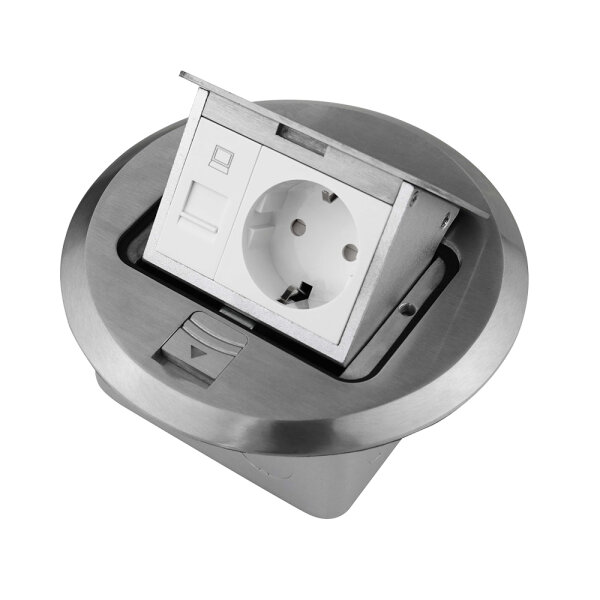 Einbausteckdose Fu&szlig;bodensteckdose Steckdose rund 2-fach RJ45 Aluminium f&uuml;r Boden & Wand versenkbar