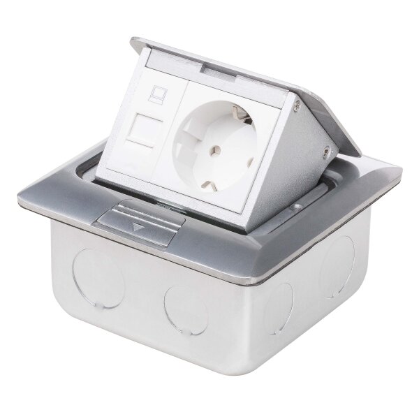 Einbausteckdose Fu&szlig;bodensteckdose Steckdose 2-fach RJ45 & Schuko Edelstahl f&uuml;r Boden & Wand Bodendose