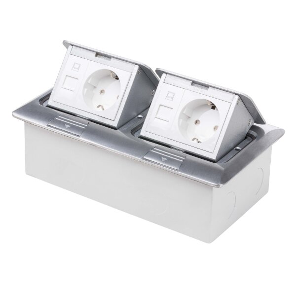 Einbausteckdose Fu&szlig;bodensteckdose Steckdose 4-fach 2+2 Edelstahl f&uuml;r Boden & Wand
