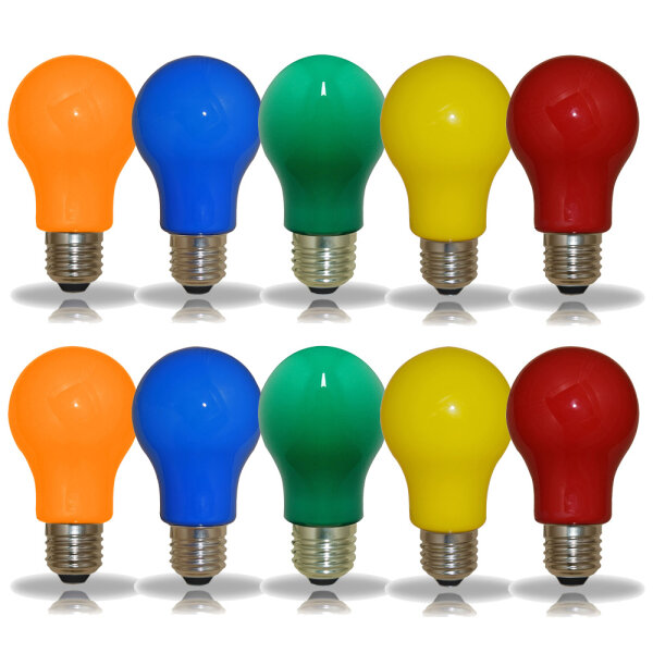 10er Set farbige LED Leuchtmittel Birnenform 3W E27 Rot Gelb Gr&uuml;n Blau Orange